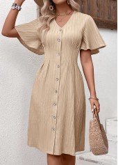 Light Camel Textured Fabric Short Sleeve V Neck Dress