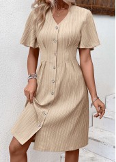 Light Camel Textured Fabric Short Sleeve V Neck Dress | thumb picture 