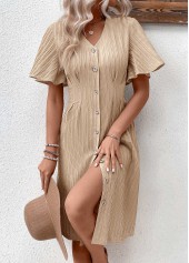 Light Camel Textured Fabric Short Sleeve V Neck Dress | thumb picture 