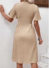 Light Camel Textured Fabric Short Sleeve V Neck Dress | thumb picture 