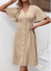Light Camel Textured Fabric Short Sleeve V Neck Dress | thumb picture 