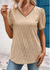 Light Camel Patchwork Short Sleeve V Neck T Shirt