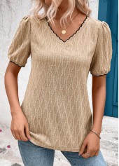 Light Camel Patchwork Short Sleeve V Neck T Shirt