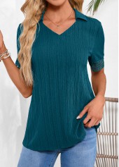 Peacock Blue Lace Short Sleeve Shirt Collar Blouse | thumb picture 