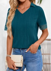 Peacock Blue Lace Short Sleeve Shirt Collar Blouse | thumb picture 