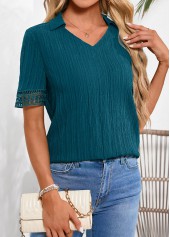 Peacock Blue Lace Short Sleeve Shirt Collar Blouse | thumb picture 