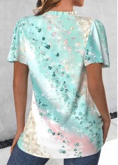 Mint Green Ruched Ombre Short Sleeve V Neck Blouse