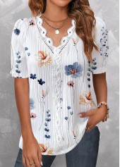 White Lace Floral Print Short Sleeve V Neck Blouse | thumb picture 