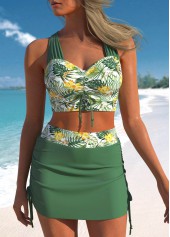 Ruched Floral Print Green Bikini Set