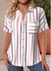 Pink Pocket Striped Short Sleeve Shirt Collar Blouse