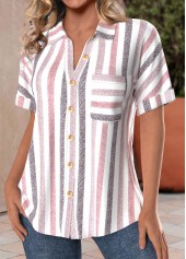 Pink Pocket Striped Short Sleeve Shirt Collar Blouse | thumb picture 