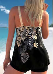 Contrast Binding Tropical Plants Print Golden Tankini Top-No Bottom