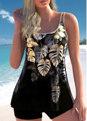 Contrast Binding Tropical Plants Print Golden Tankini Top-No Bottom
