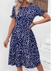Navy Ruched Short Sleeve Round Neck Dress