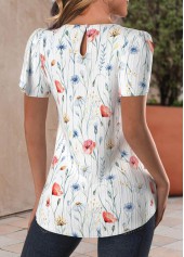 White Cut Out Floral Print Short Sleeve Blouse | thumb picture 