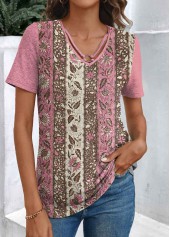 Pink Patchwork Floral Print Short Sleeve T Shirt