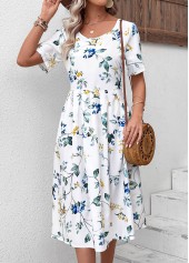 White Floral Print Short Sleeve Round Neck Dress | thumb picture 