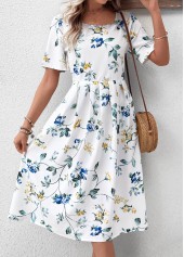 White Floral Print Short Sleeve Round Neck Dress