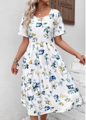 White Floral Print Short Sleeve Round Neck Dress | thumb picture 