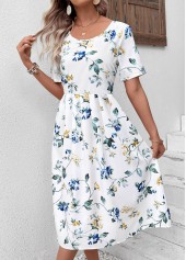 White Floral Print Short Sleeve Round Neck Dress | thumb picture 