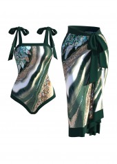 Marble Print Green One Piece Swimwear and Cover Up