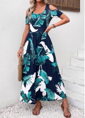 Navy Pocket Plants Print Short Sleeve Maxi Dress | thumb picture 