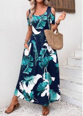 Navy Pocket Plants Print Short Sleeve Maxi Dress