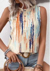 Multi Color Button Striped Sleeveless Round Neck Tank Top | thumb picture 
