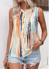 Multi Color Button Striped Sleeveless Round Neck Tank Top