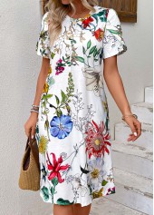 White Pleated Floral Print Short Sleeve Round Neck Dress | thumb picture 