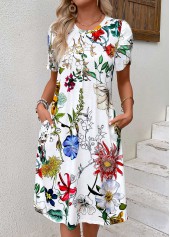 White Pleated Floral Print Short Sleeve Round Neck Dress