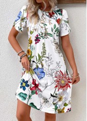 White Pleated Floral Print Short Sleeve Round Neck Dress | thumb picture 