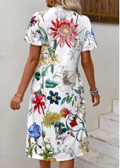 White Pleated Floral Print Short Sleeve Round Neck Dress | thumb picture 