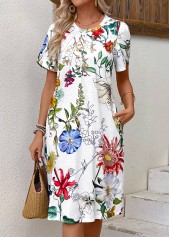 White Pleated Floral Print Short Sleeve Round Neck Dress | thumb picture 