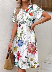 White Pleated Floral Print Short Sleeve Round Neck Dress | thumb picture 