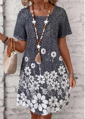 Black Pocket Floral Print Short Round Neck Dress | thumb picture 