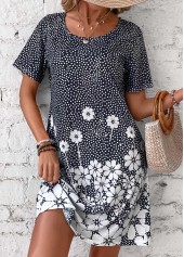 Black Pocket Floral Print Short Round Neck Dress | thumb picture 