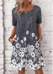 Black Pocket Floral Print Short Round Neck Dress | thumb picture 