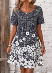 Black Pocket Floral Print Short Round Neck Dress | thumb picture 