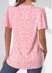 Pink Frill Geometric Print Short Sleeve Split Neck Blouse | thumb picture 