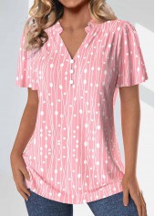 Pink Frill Geometric Print Short Sleeve Split Neck Blouse | thumb picture 