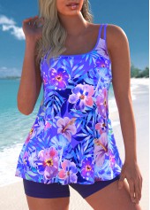 Contrast Binding Floral Print Purple Tankini Set