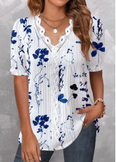 Dark Blue Embroidery Floral Print Short Sleeve Blouse | thumb picture 