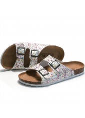 White Floral Print Open Toe Falt Sliders