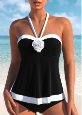 Bandeau Patchwork Tie Black Tankini Set