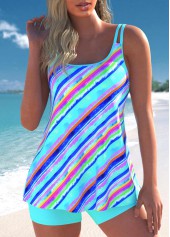 Lightweight Multi Stripe Print Cyan Tankini Set