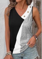 Black Button Geometric Print Sleeveless V Neck Tank Top | thumb picture 