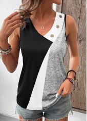 Black Button Geometric Print Sleeveless V Neck Tank Top