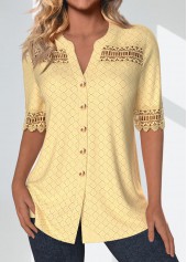 Light Yellow Patchwork Short Sleeve Split Neck Blouse