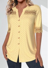 Light Yellow Patchwork Short Sleeve Split Neck Blouse | thumb picture 